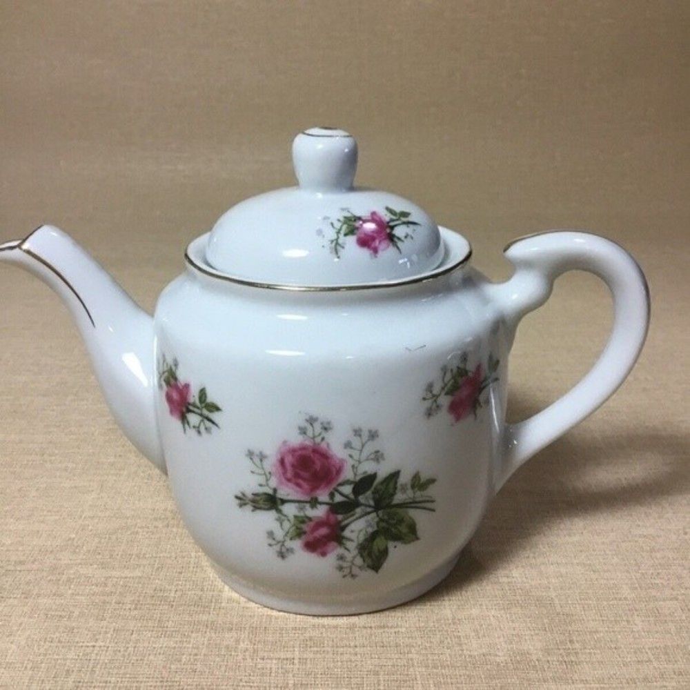Vintage Lefton NE 4063 Hand Painted White/Pink Rose Tea Pot‎ China